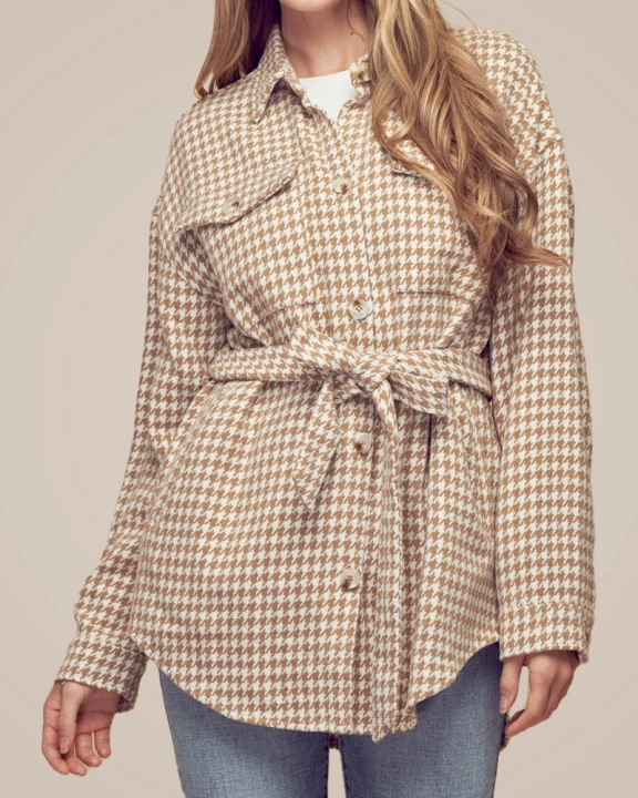 Houndstooth Flap Pocket Long Shacket Overcoat for Women