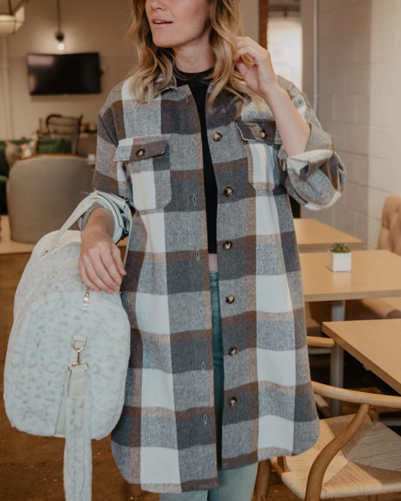 Cream and Gray Wholesale Long Plaid Shacket