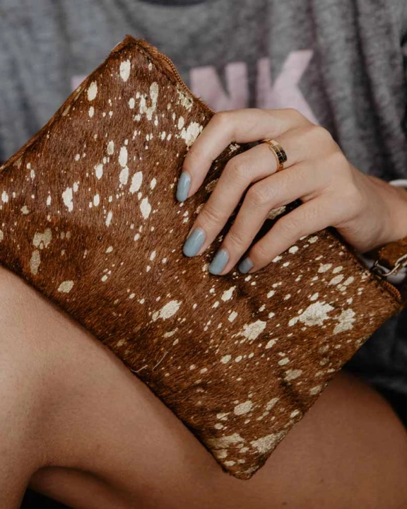 Brown/Gold Metallic Hair on Leather Wristlet