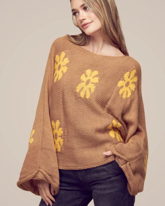 Daisy Flower Brown Knit Sweater for Women