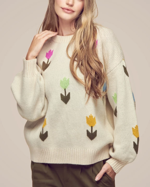Crew Neck Floral Long Sweater