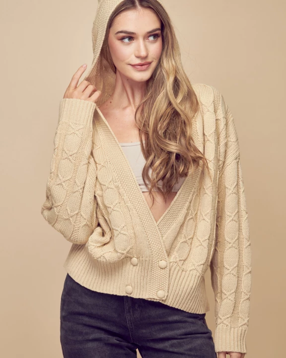 V-Neck Button Front Cable Knit Hooded Cardigan