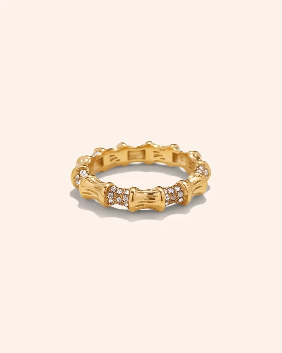 Bamboo CZ Ring in 18k Gold-Plated Stainless Steel