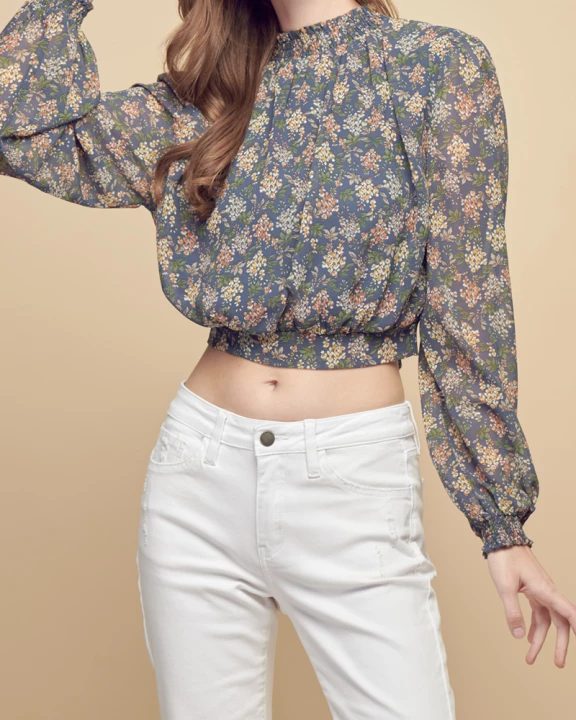 Floral Allover High Neck Open Back Blouse Top for Women