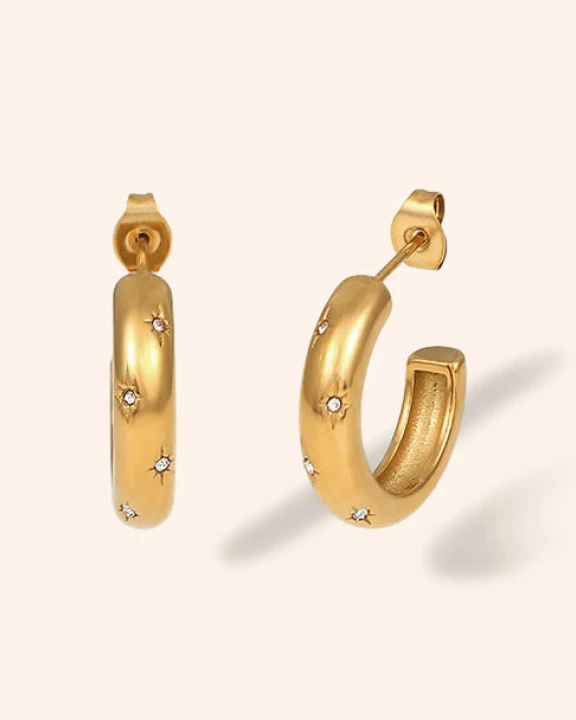 Be A Star C-Shape CZ Hoop Earrings in 18k Gold-Plated Stainless Steel