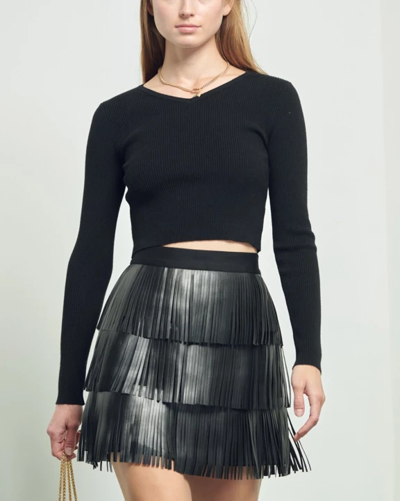 FAUX LEATHER FRINGE MINI SKIRT (PLUS/REG) KRS5038