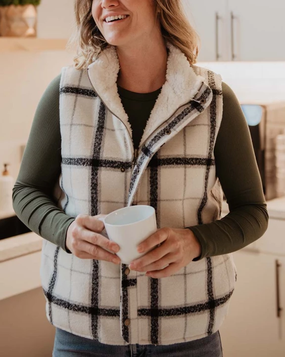 Neutral Plaid Wholesale Fleece Lined Vest for Women