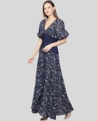 Laila Long Dress Blue Print Yoke on Waist