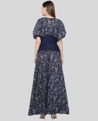 Laila Long Dress Blue Print Yoke on Waist