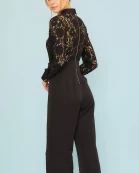 Collar Neck Button Down Front Fake Pocket Back Zipper Lace Top With Solid Bottom Jumpsuit