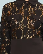 Collar Neck Button Down Front Fake Pocket Back Zipper Lace Top With Solid Bottom Jumpsuit