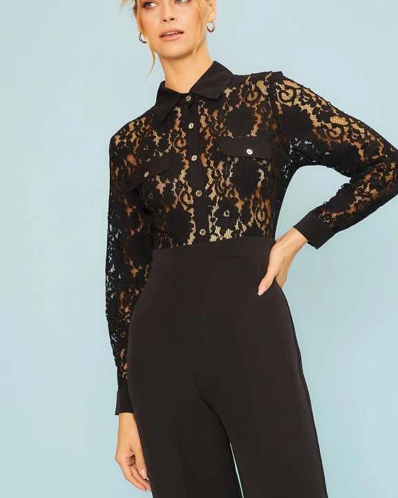 Collar Neck Button Down Front Fake Pocket Back Zipper Lace Top With Solid Bottom Jumpsuit