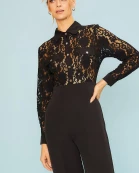 Collar Neck Button Down Front Fake Pocket Back Zipper Lace Top With Solid Bottom Jumpsuit