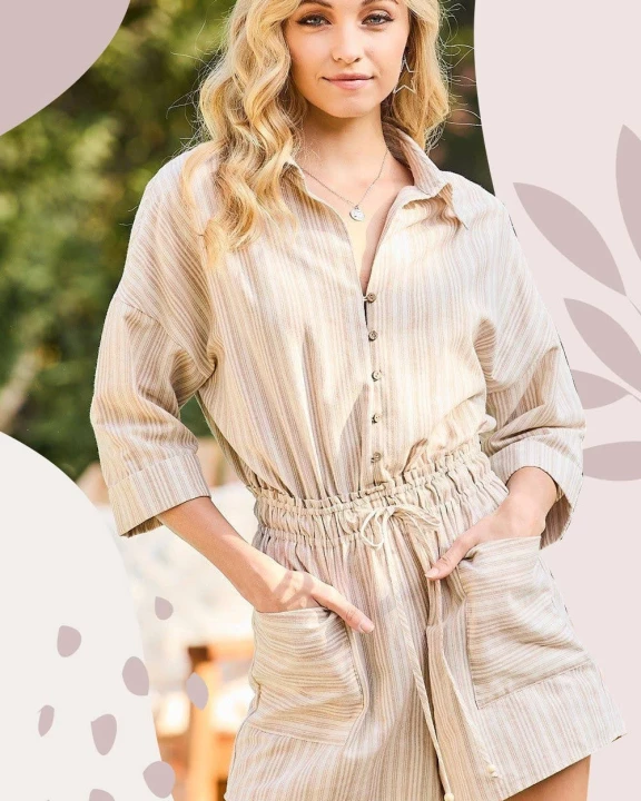 Collar Neck Front Button Roll Up Sleeve Elastic Waist Tie Pockets Romper