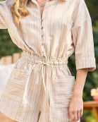 Collar Neck Front Button Roll Up Sleeve Elastic Waist Tie Pockets Romper