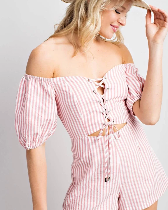 Eyelet Tie Front Detail Off Shoulder Print Romper