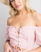 Eyelet Tie Front Detail Off Shoulder Print Romper