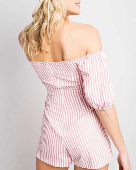 Eyelet Tie Front Detail Off Shoulder Print Romper
