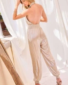 Halter Neck Back Button Waist Elastic Band Side Pocket Holiday Jumpsuit