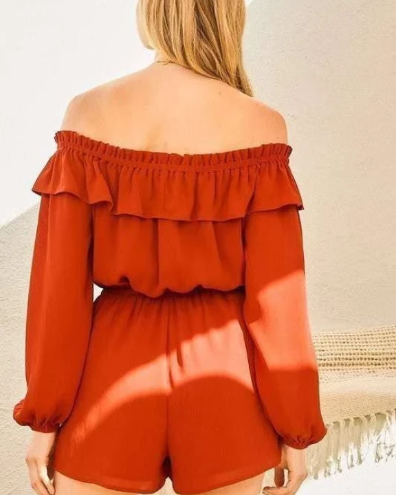Off Shoulder Bubble Sleeve Waist Elastic Solid Romper