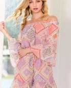 Off Shoulder Waist BeRuffle Wide Sleeve Ruffle Bottom Patch Print Romper