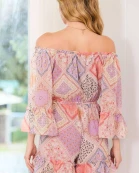 Off Shoulder Waist BeRuffle Wide Sleeve Ruffle Bottom Patch Print Romper