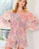 Off Shoulder Waist BeRuffle Wide Sleeve Ruffle Bottom Patch Print Romper