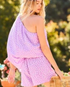 One Shoulder Flowy Sleeve Waist Elastic Side Pocket Print Romper