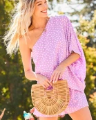 One Shoulder Flowy Sleeve Waist Elastic Side Pocket Print Romper
