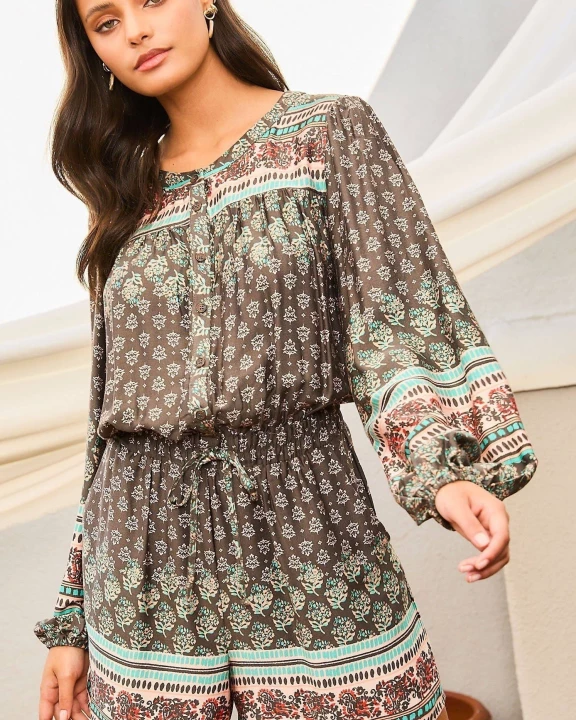 Round Neck Button Down Bubble Sleeve Elastic Band Waist Side Pockets Border Print Romper