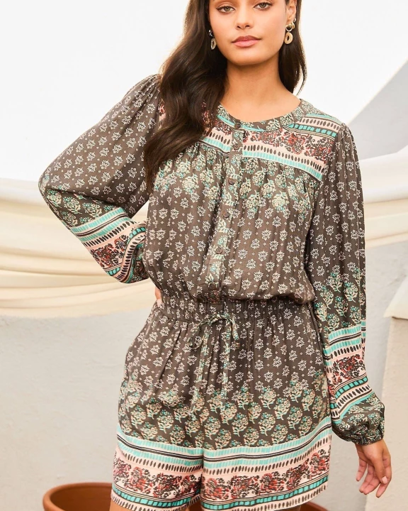 Round Neck Button Down Bubble Sleeve Elastic Band Waist Side Pockets Border Print Romper