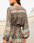 Round Neck Button Down Bubble Sleeve Elastic Band Waist Side Pockets Border Print Romper
