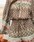 Round Neck Button Down Bubble Sleeve Elastic Band Waist Side Pockets Border Print Romper