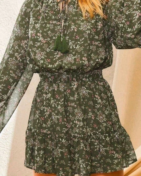Round Neck Front Tie Strap With Tassel Back Button Slit Open Bubble Sleeve Smoking Waist Floral Print Romper