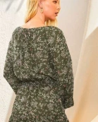 Round Neck Front Tie Strap With Tassel Back Button Slit Open Bubble Sleeve Smoking Waist Floral Print Romper
