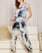 Round Neck Sleeveless Waist Elastic Side Pocket Back Button Print Jumpsuit