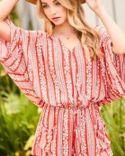 Surplice Waist Elastic Adjustable Strap With Tassel Pocket Print Romper