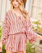 Surplice Waist Elastic Adjustable Strap With Tassel Pocket Print Romper
