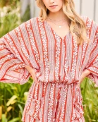 Surplice Waist Elastic Adjustable Strap With Tassel Pocket Print Romper