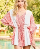 V-Neck Adjustable Waist Tie Strap Ruffle Sleeve Back Button Floral Print Mix Romper