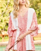 V-Neck Adjustable Waist Tie Strap Ruffle Sleeve Back Button Floral Print Mix Romper