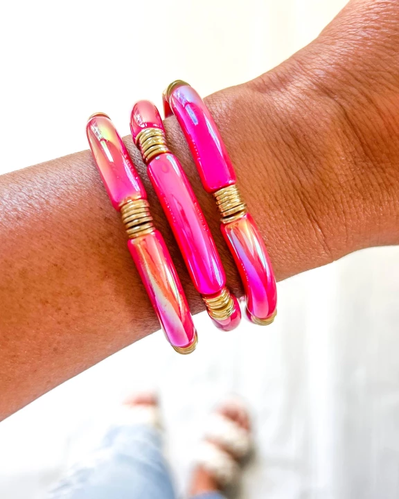 Metallic #8 Hot Pink Acrylic Tube Bamboo Bracelet