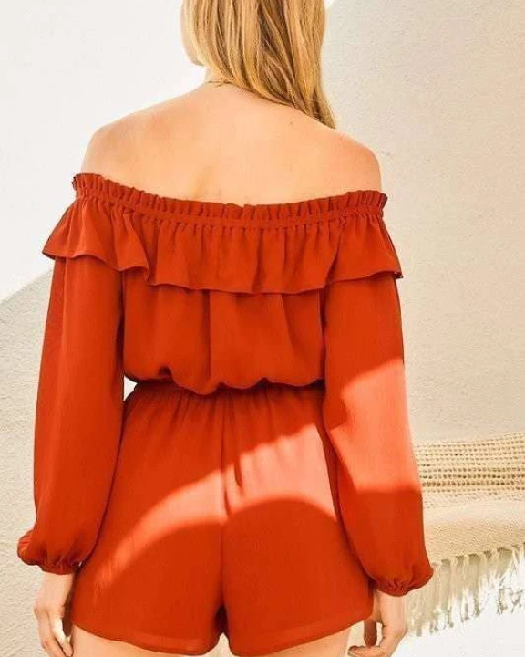Off Shoulder Bubble Sleeve Solid Romper