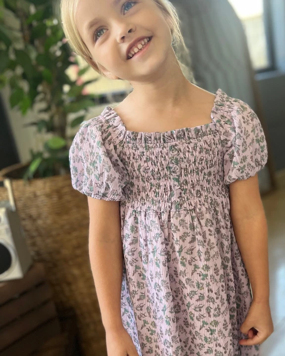 KIDS FLORAL PUFFED SLEEVE SMOCKED DRESS