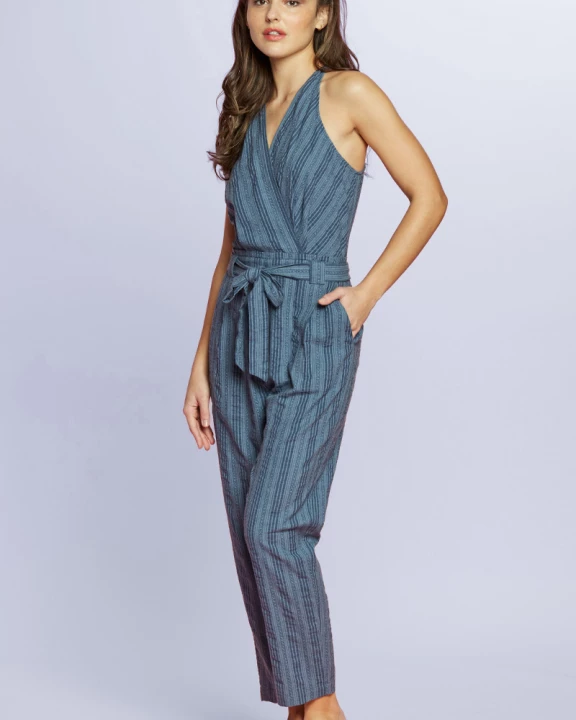 Tie Waist Surplice Sleeveless Stripe Jumpsuit for Women