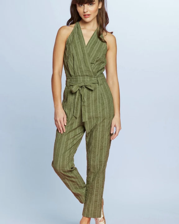 V Neck Tie Waist Surplice Sleeveless Stripe Jumpsuit