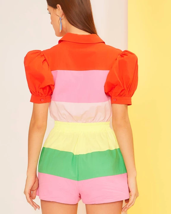 Puff Sleeve Funny Color Block Romper
