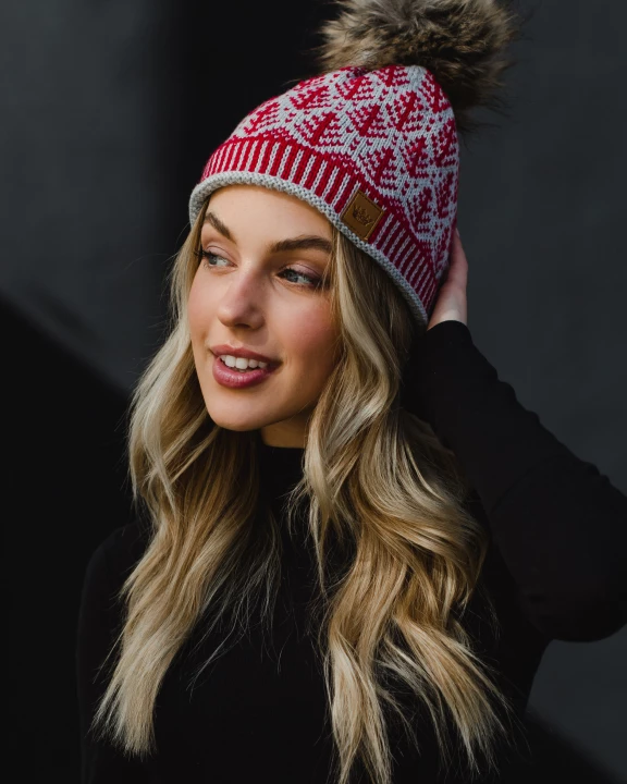 Gray with Red Tree Pattern Pom Hat