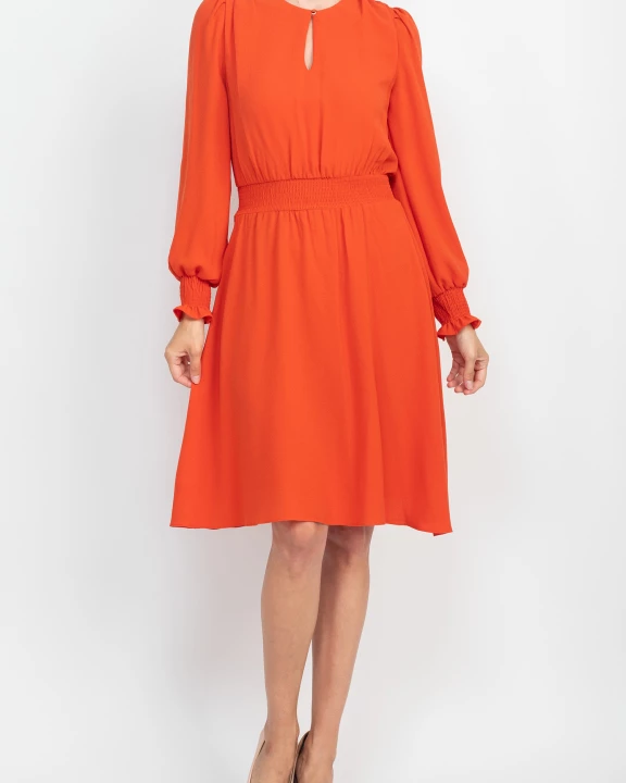 London Times Crew Neck Keyhole Long Sleeve Elastic Waist Solid Ripple Crepe Dress