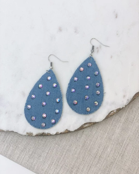 Glitzy Rhinestone Denim Dangle Earrings